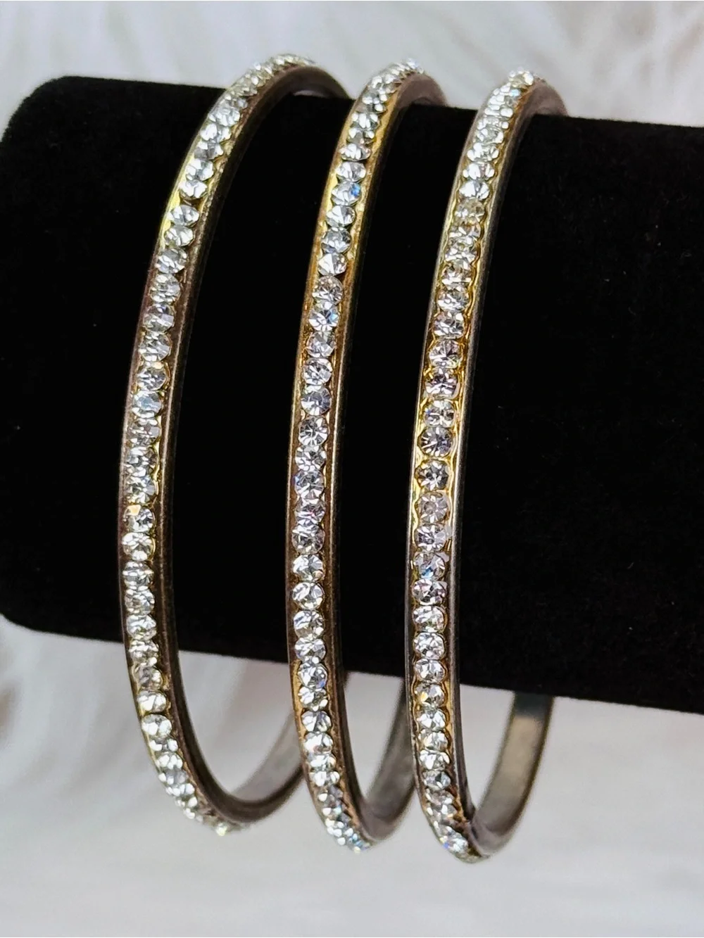 Vintage 3 Aged Silvertone Crystal Bangle Bracelet Set